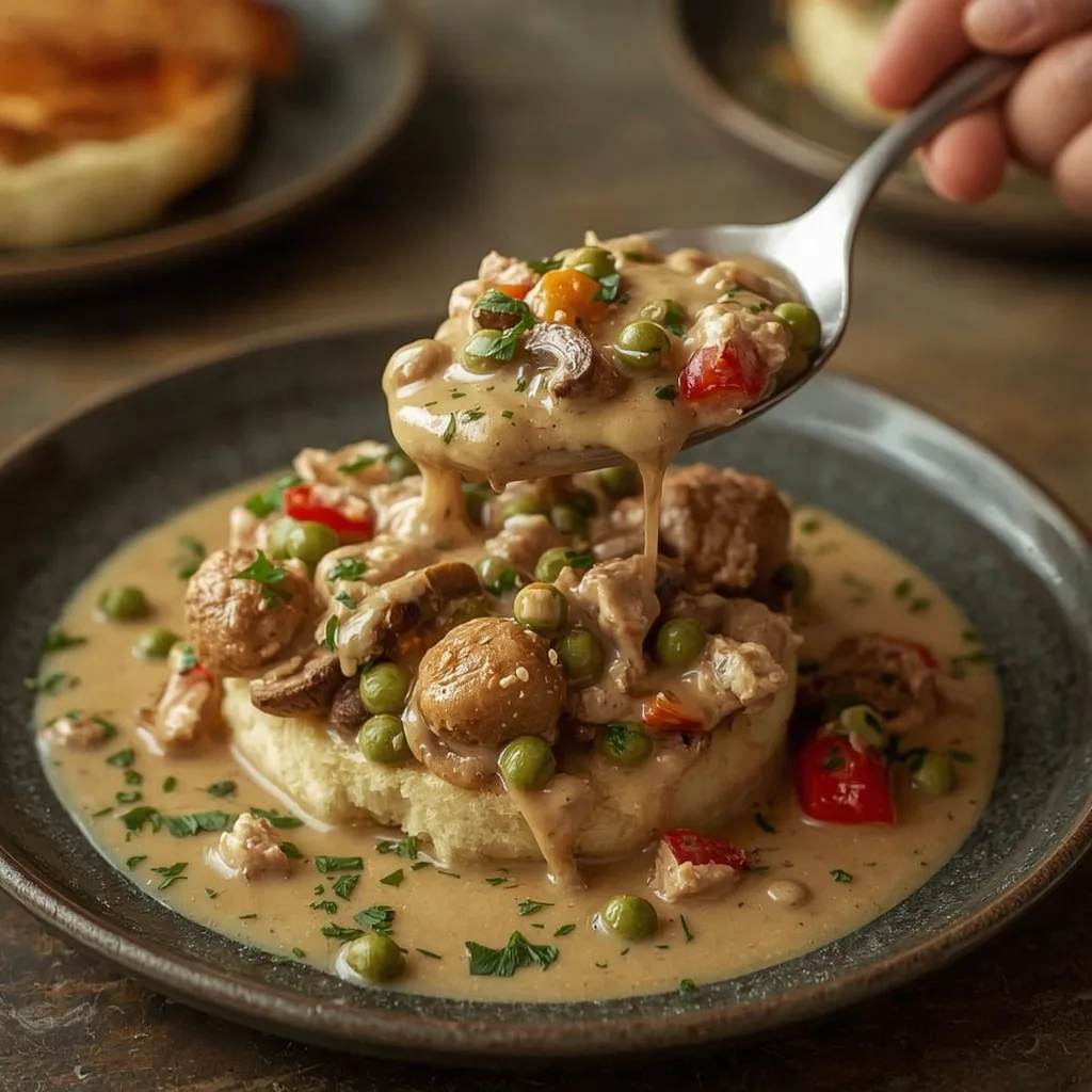 Turkey à la king spooned over a split buttermilk biscuit
