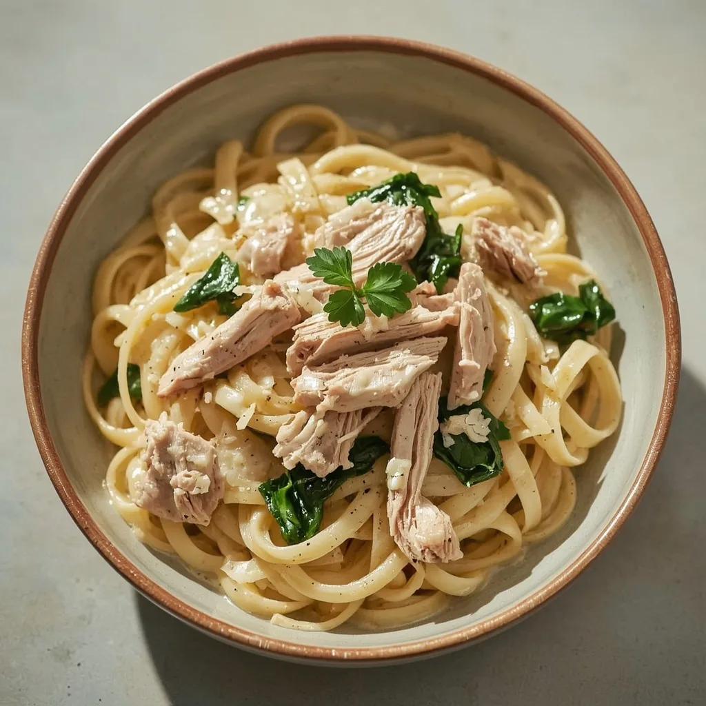 Creamy turkey Alfredo fettuccine with spinach