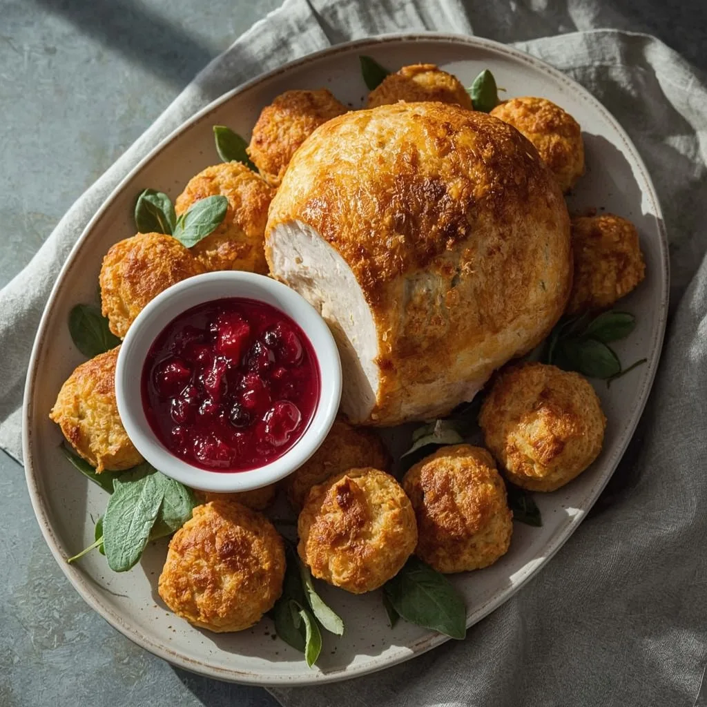 Baked turkey and stuffing balls with cranberry dipping sauce