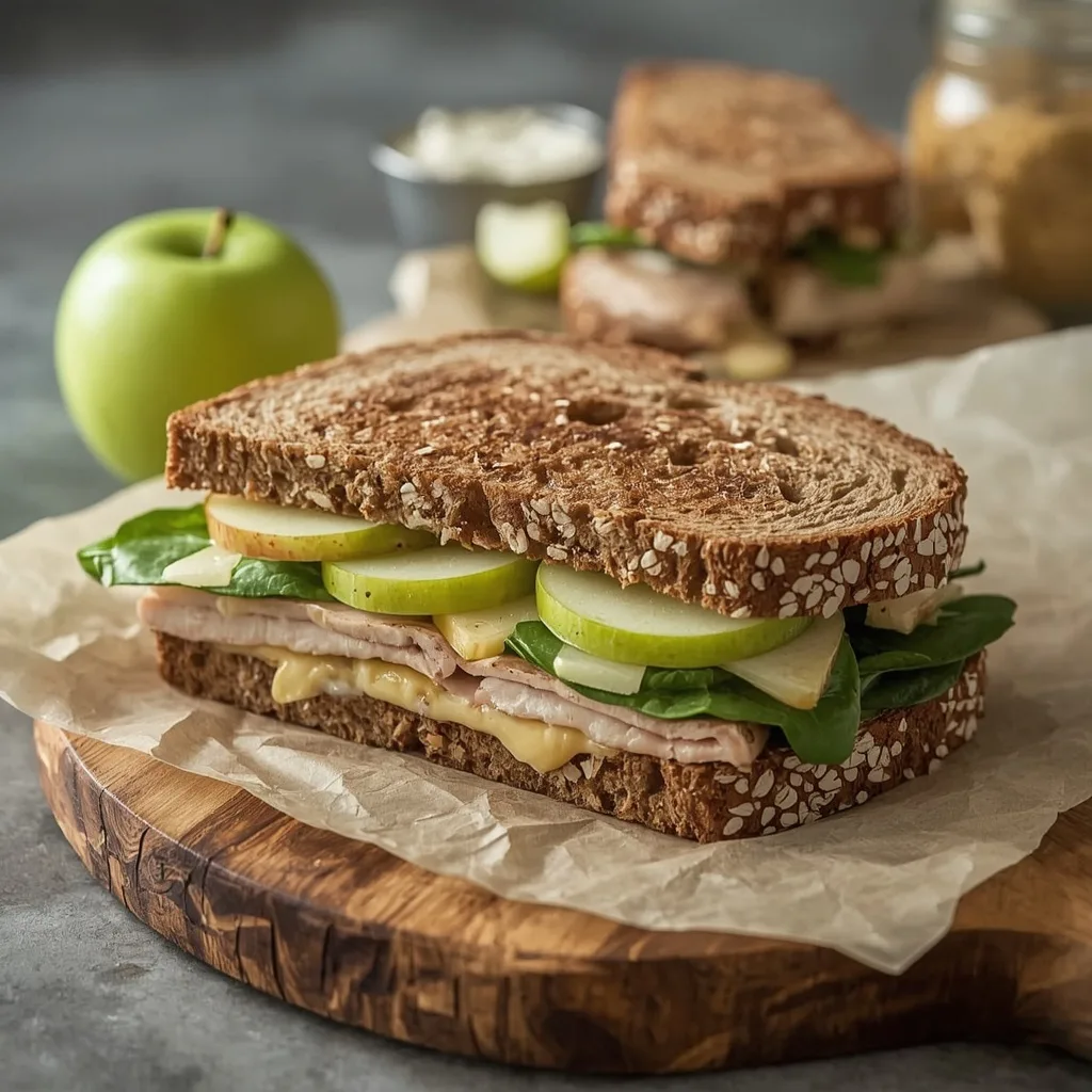 Turkey apple cheddar sandwich with honey mustard on multigrain bread