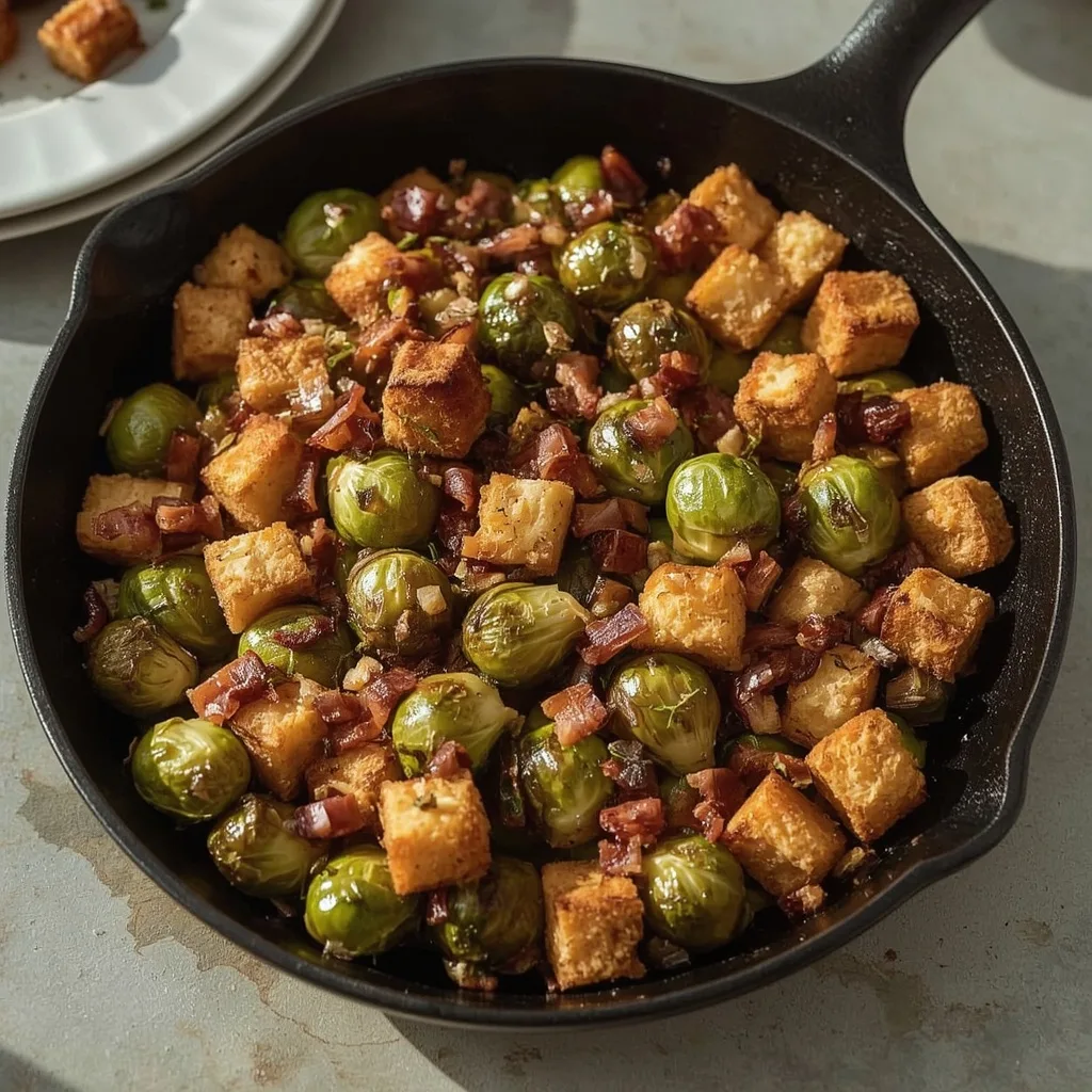 Turkey bacon and Brussels sprouts stuffing in a skillet