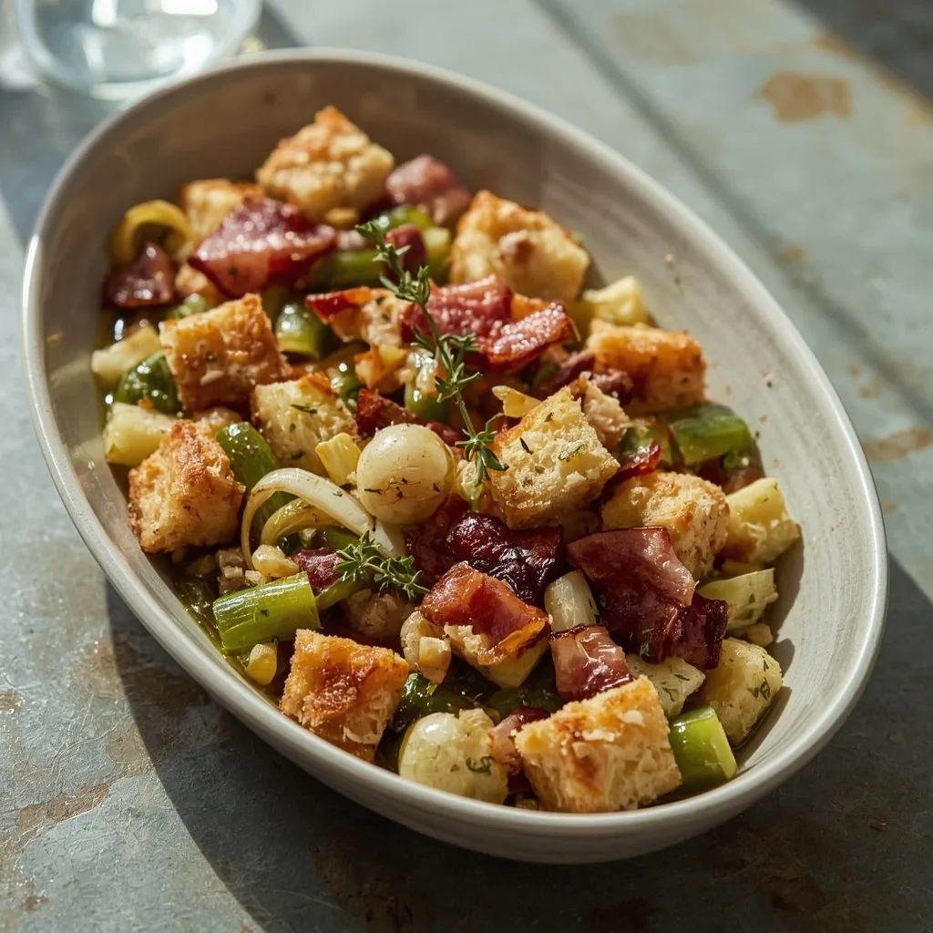 Turkey bacon, leek and thyme stuffing in an oval dish