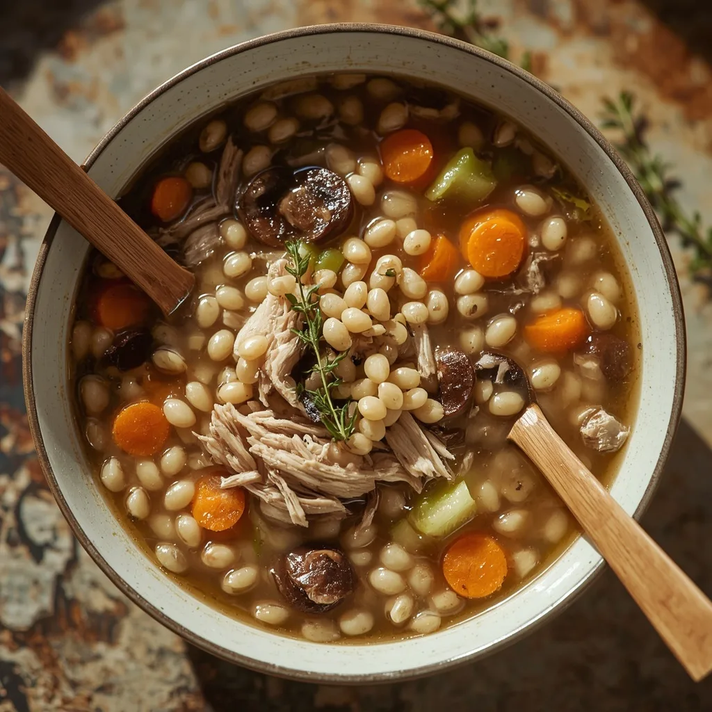 Hearty turkey barley soup with mushrooms, carrots and thyme