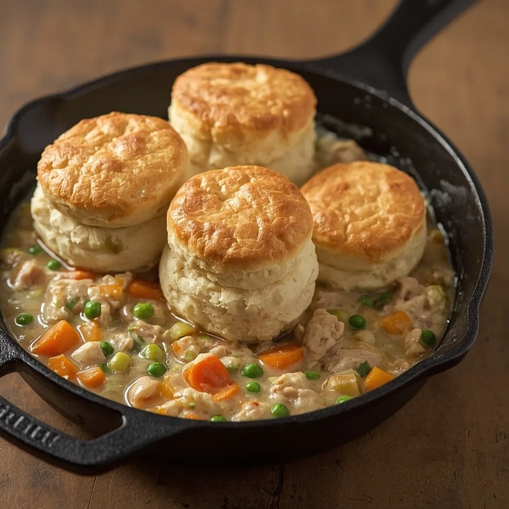 Turkey biscuit casserole with golden biscuits over creamy turkey and vegetables