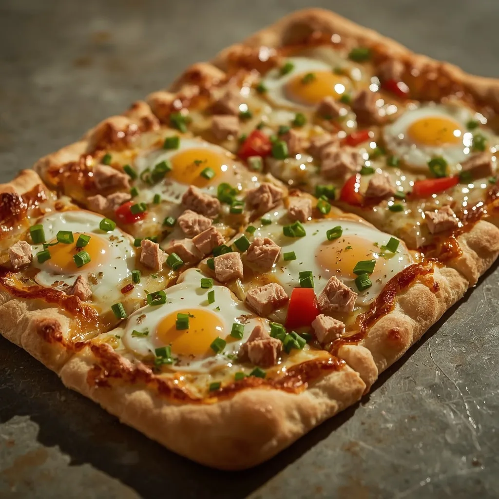 Turkey breakfast pizza with scrambled eggs and cheese