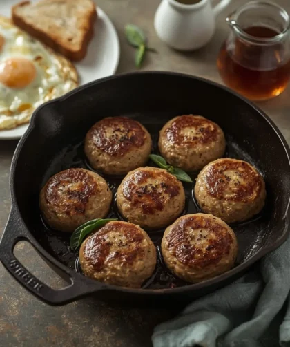 Homemade turkey breakfast sausage patties browned in a cast-iron skillet with eggs and toast