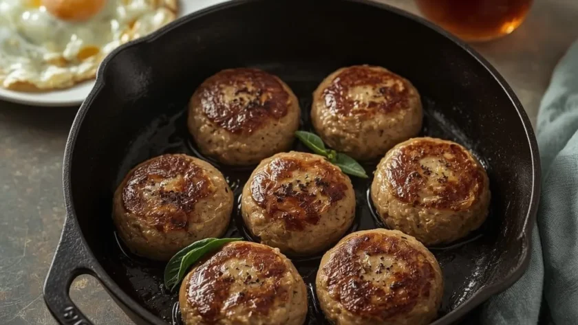 Homemade turkey breakfast sausage patties browned in a cast-iron skillet with eggs and toast