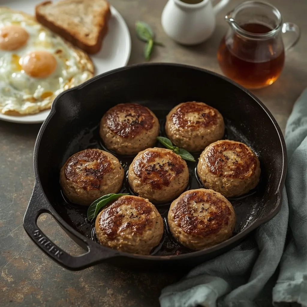 Homemade turkey breakfast sausage patties browned in a cast-iron skillet with eggs and toast