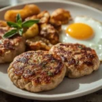 Plate of turkey breakfast sausage patties with a fried egg and breakfast potatoes