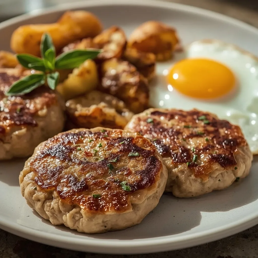 Plate of turkey breakfast sausage patties with a fried egg and breakfast potatoes