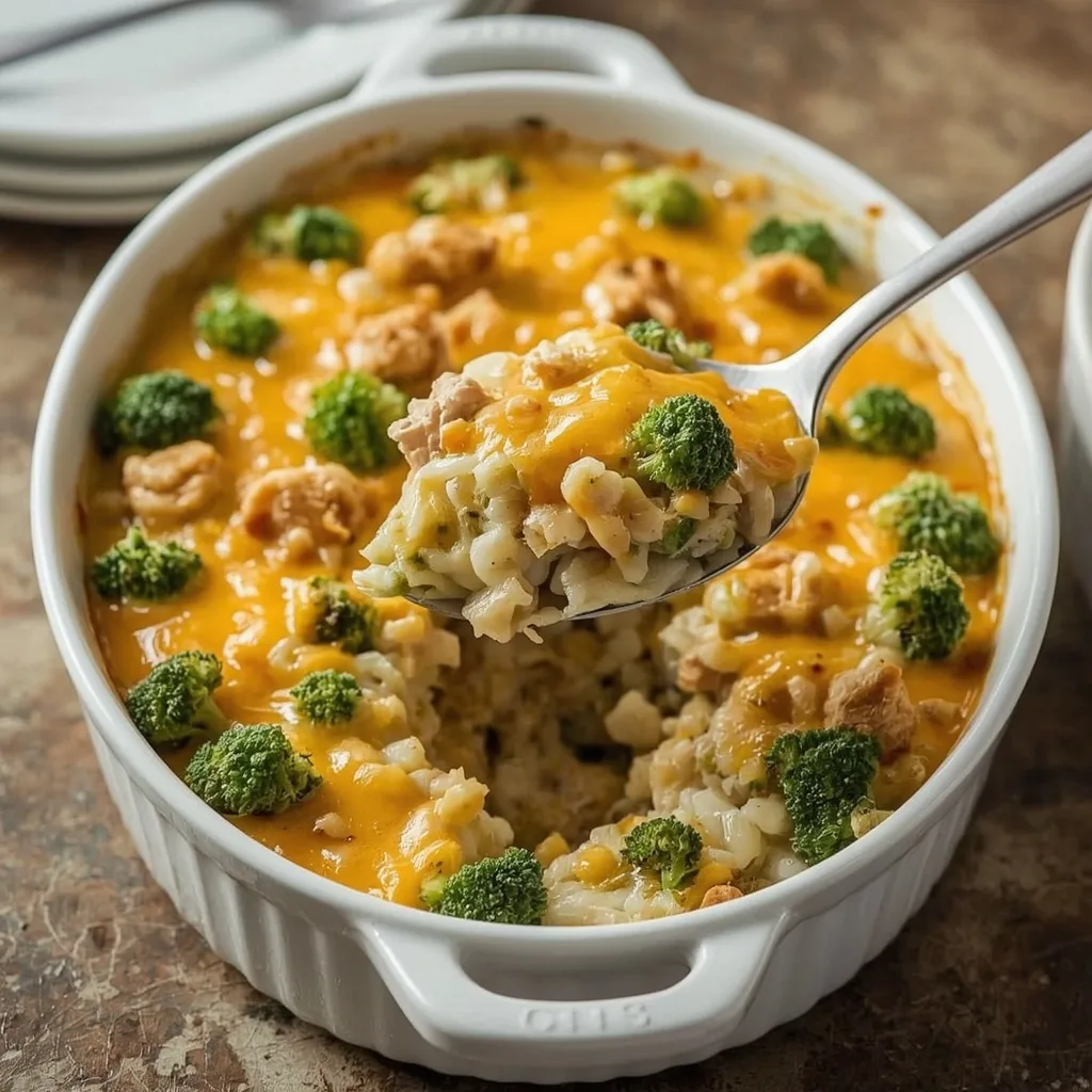 Cheesy turkey broccoli rice casserole with melted cheddar