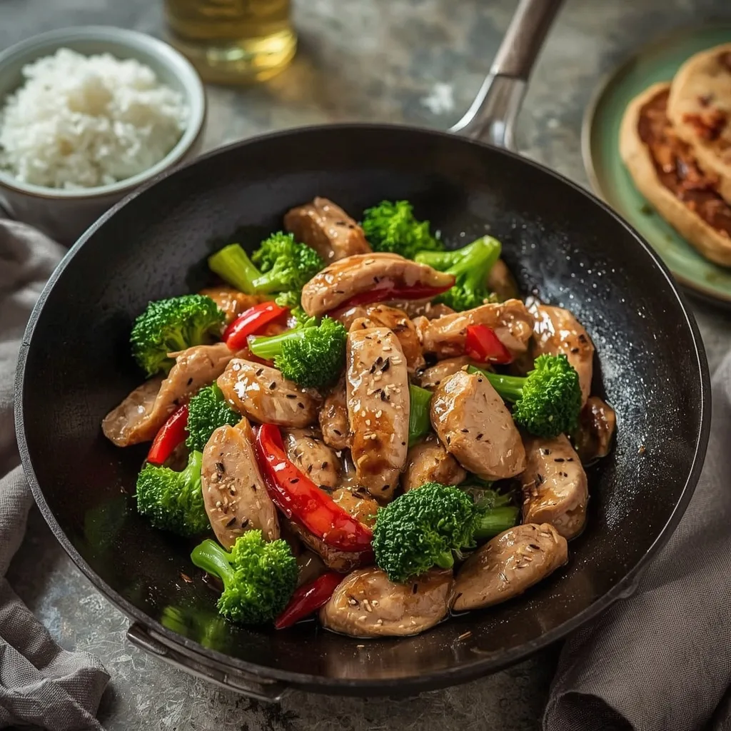 Turkey and broccoli stir-fry with red pepper and sesame seeds beside steamed rice