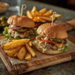 Turkey burgers with cheddar, lettuce and tomato on brioche buns with potato wedges