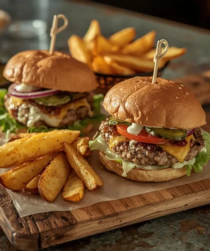 Turkey burgers with cheddar, lettuce and tomato on brioche buns with potato wedges