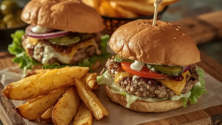 Turkey burgers with cheddar, lettuce and tomato on brioche buns with potato wedges
