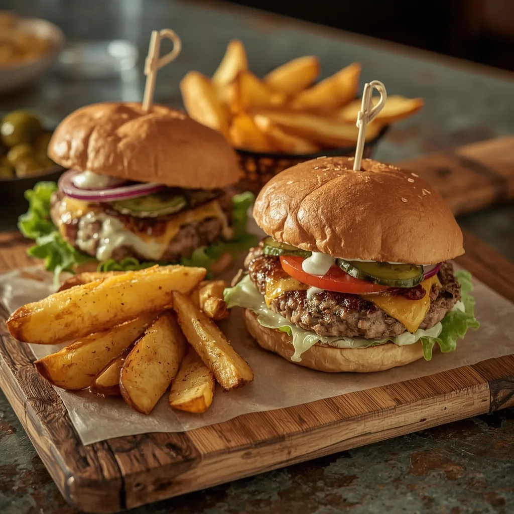 Turkey burgers with cheddar, lettuce and tomato on brioche buns with potato wedges