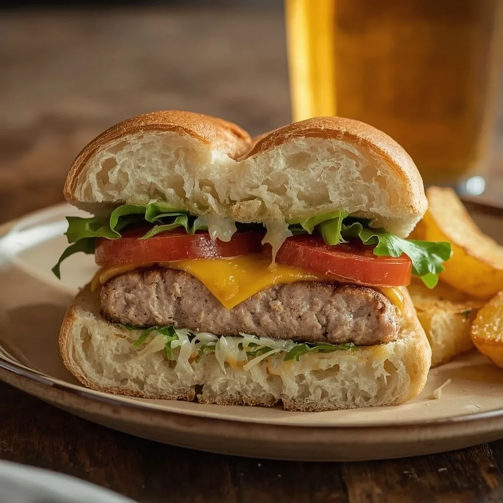 Turkey burger cut in half showing a juicy seared patty with cheddar, lettuce and tomato
