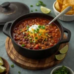 Turkey chili in a Dutch oven topped with cheddar, sour cream, green onions and cilantro