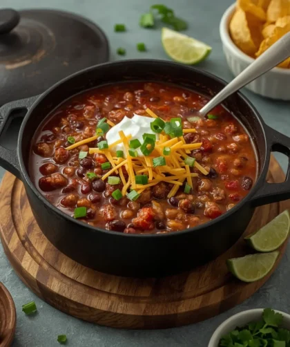Turkey chili in a Dutch oven topped with cheddar, sour cream, green onions and cilantro