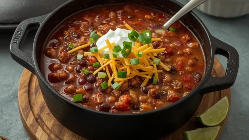Turkey chili in a Dutch oven topped with cheddar, sour cream, green onions and cilantro