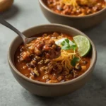 Bowl of turkey chili with beans, sour cream, cheddar and cilantro, spoon lifting a bite