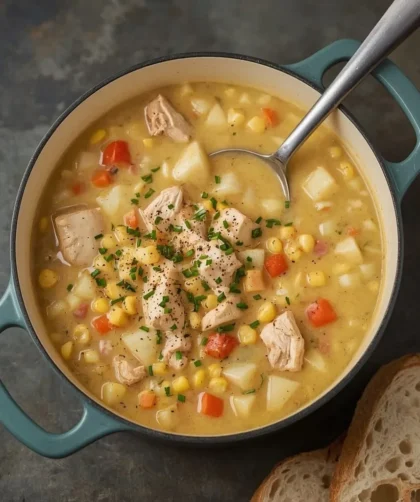 Creamy turkey corn chowder with potatoes and chives in a Dutch oven