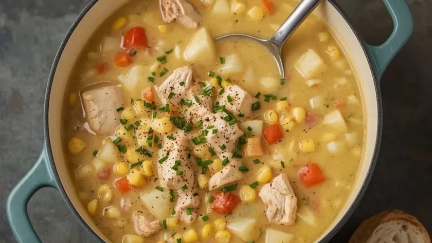 Creamy turkey corn chowder with potatoes and chives in a Dutch oven