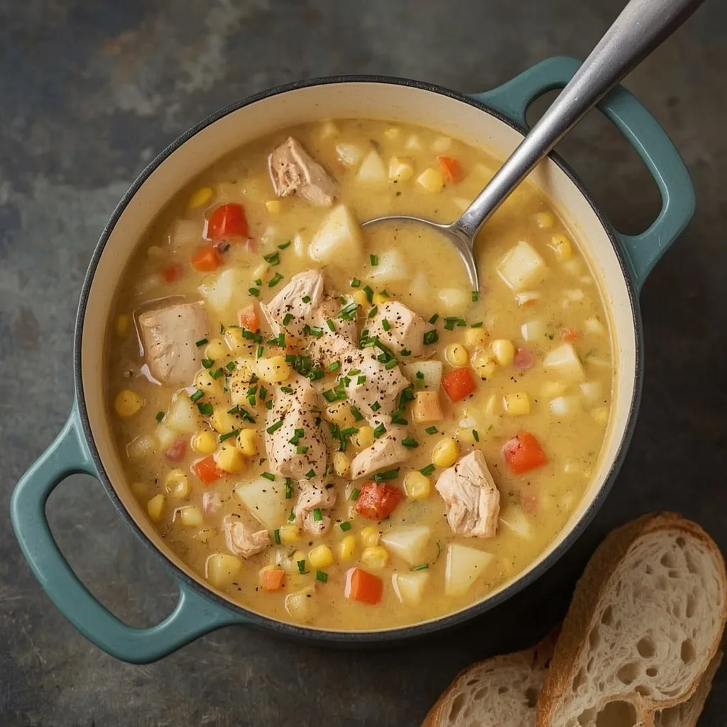 Creamy turkey corn chowder with potatoes and chives in a Dutch oven