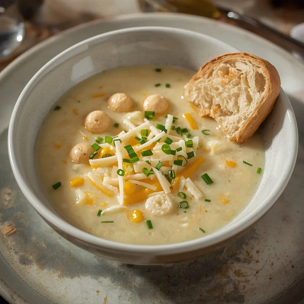 Bowl of creamy turkey corn chowder topped with chives and cheddar