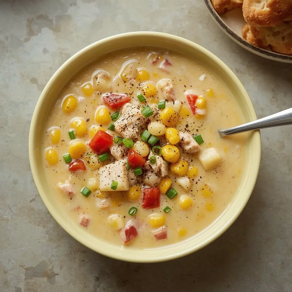 Turkey corn chowder with potatoes, red pepper and green onions