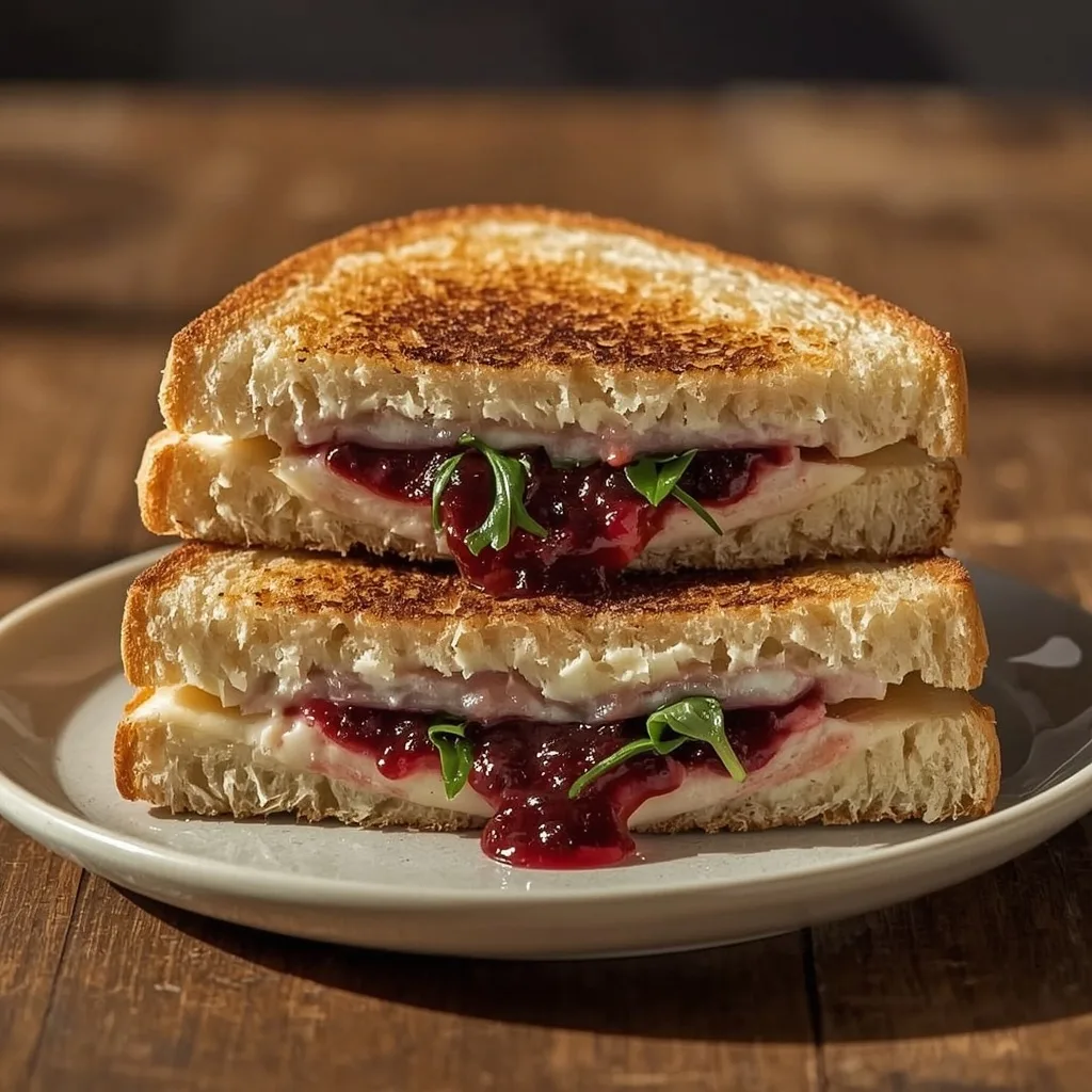 Turkey cranberry Brie grilled cheese with melted Brie oozing out