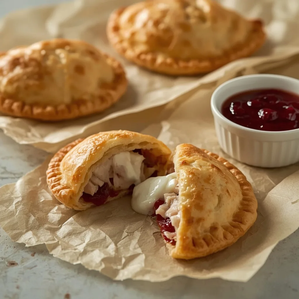 Turkey cranberry hand pies with one broken open showing the filling
