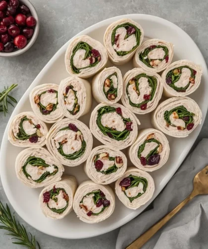 Turkey Cranberry Pinwheels arranged on a white platter with cranberries and rosemary