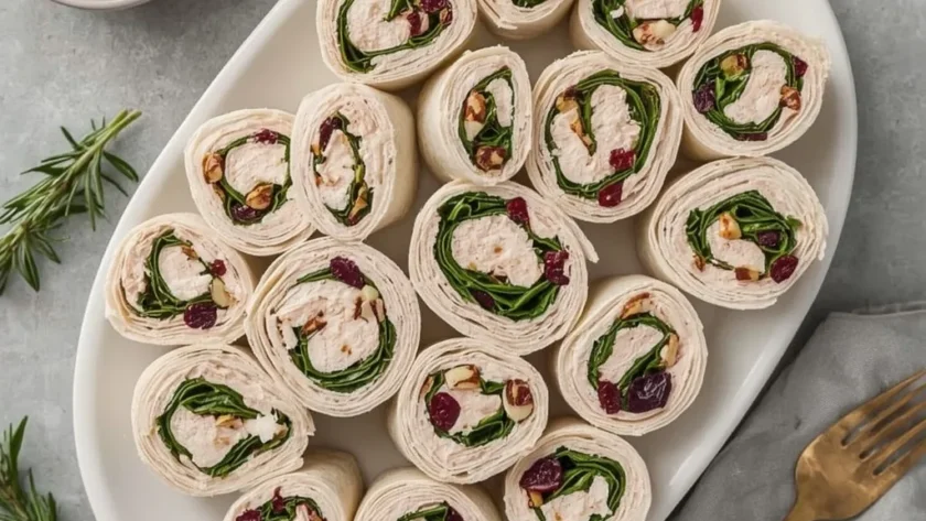 Turkey Cranberry Pinwheels arranged on a white platter with cranberries and rosemary