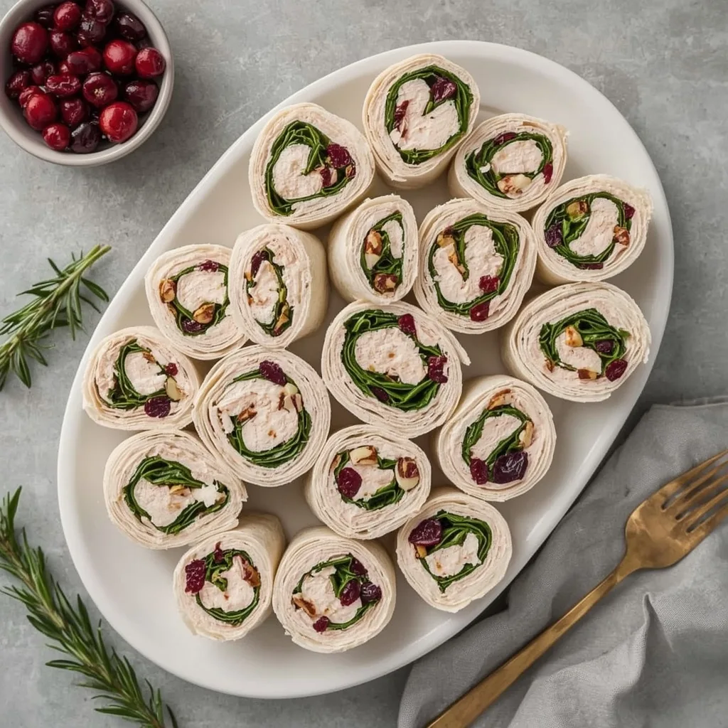Turkey Cranberry Pinwheels arranged on a white platter with cranberries and rosemary