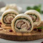 Close-up of Turkey Cranberry Pinwheels showing the turkey, spinach and cranberry cream cheese spiral