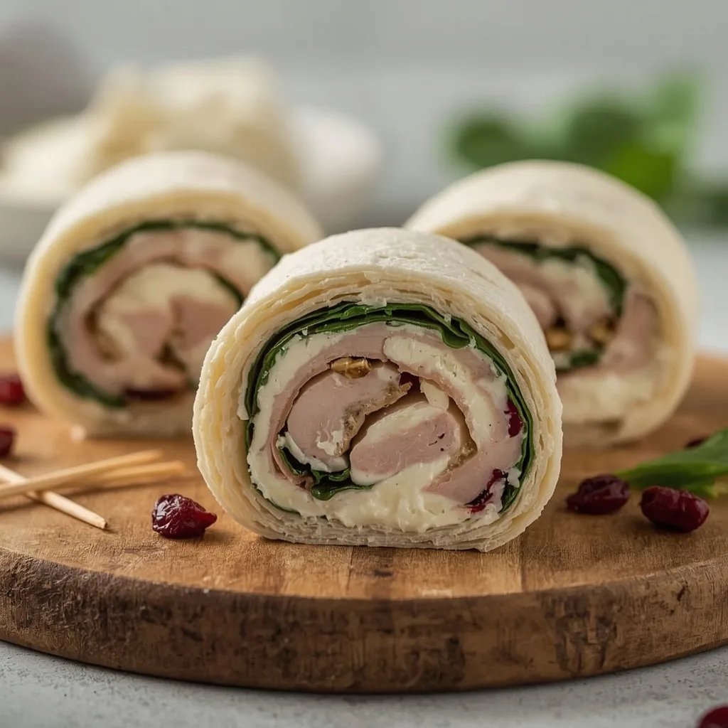 Close-up of Turkey Cranberry Pinwheels showing the turkey, spinach and cranberry cream cheese spiral