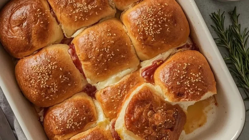 Baked Turkey Cranberry Sliders with brie and poppy seed butter tops in a baking dish