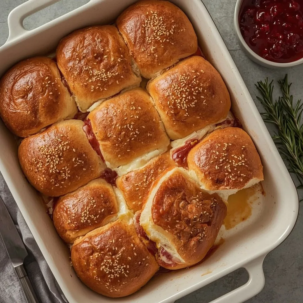 Baked Turkey Cranberry Sliders with brie and poppy seed butter tops in a baking dish