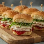 Close-up of a Turkey Cranberry Slider with sliced turkey, melted brie, cranberry sauce and arugula