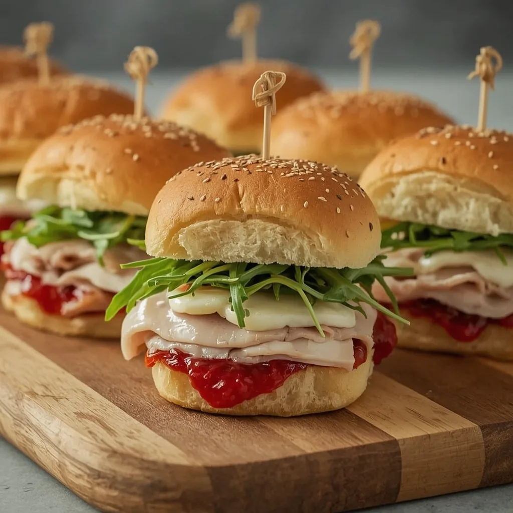 Close-up of a Turkey Cranberry Slider with sliced turkey, melted brie, cranberry sauce and arugula