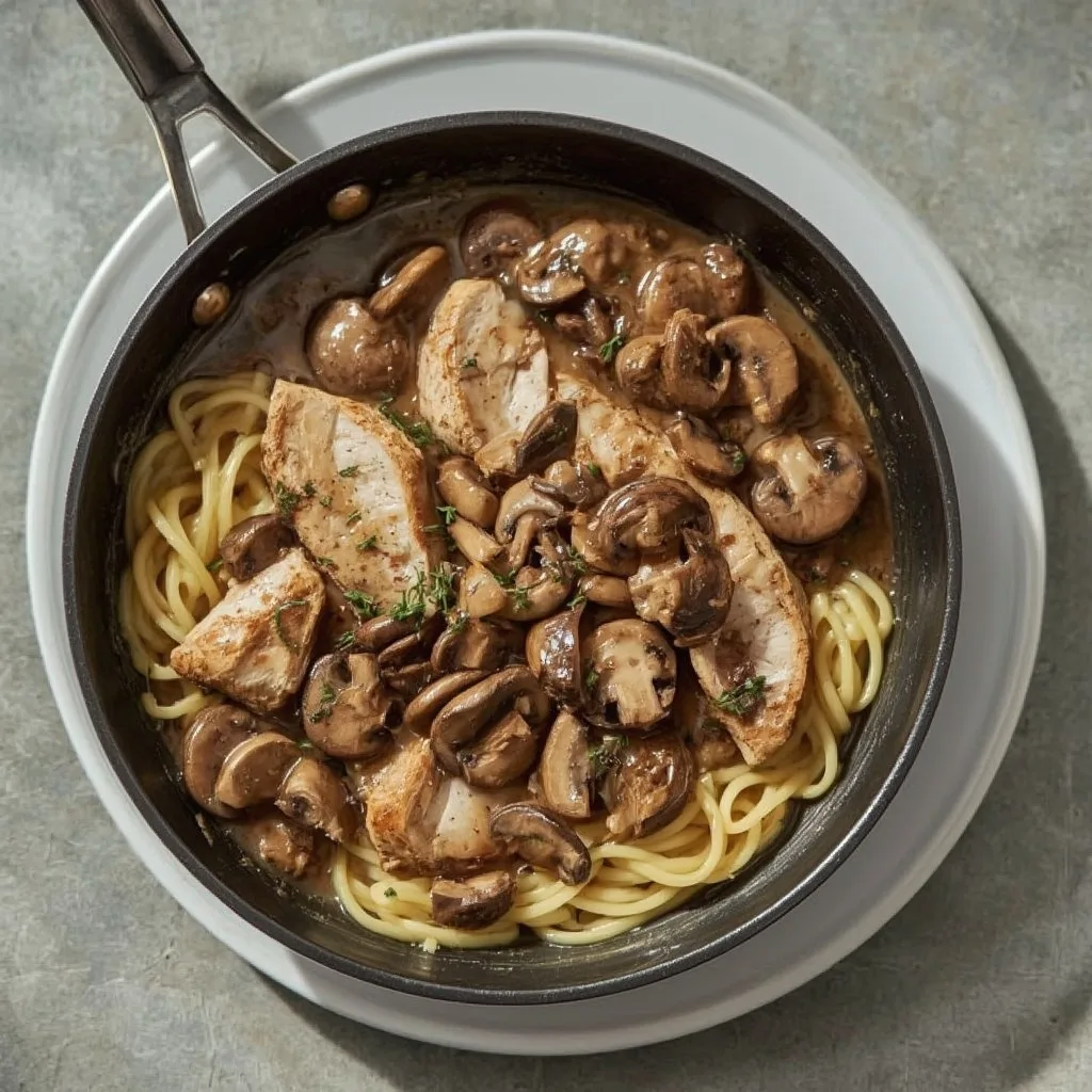 Sliced turkey breast in creamy mushroom sauce over egg noodles