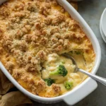 Easy turkey divan casserole with broccoli, cheddar sauce and a golden crumb topping