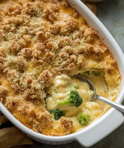 Easy turkey divan casserole with broccoli, cheddar sauce and a golden crumb topping