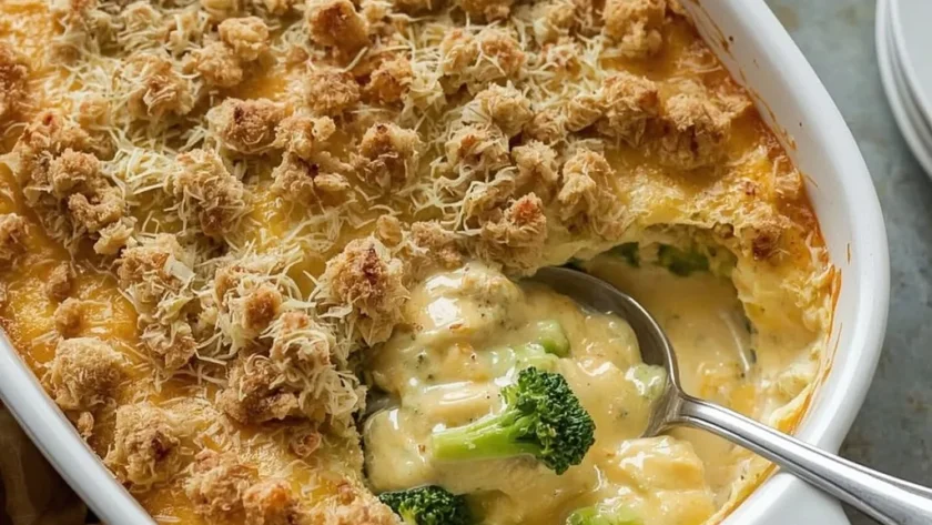 Easy turkey divan casserole with broccoli, cheddar sauce and a golden crumb topping
