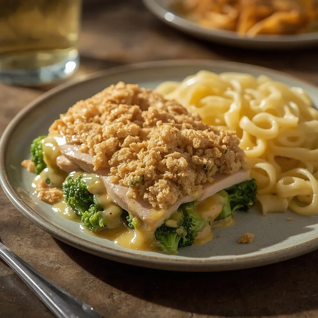 Serving of turkey divan with broccoli, turkey and cheddar sauce over egg noodles