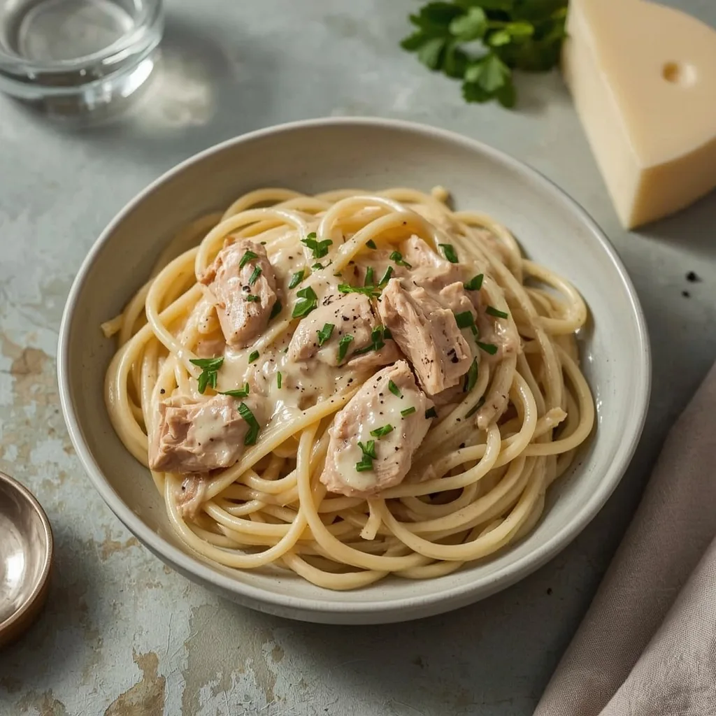 Creamy turkey fettuccine Alfredo with Parmesan and parsley