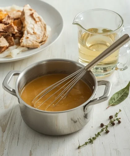 Turkey Gravy from Stock in a saucepan with a whisk beside a pitcher of stock