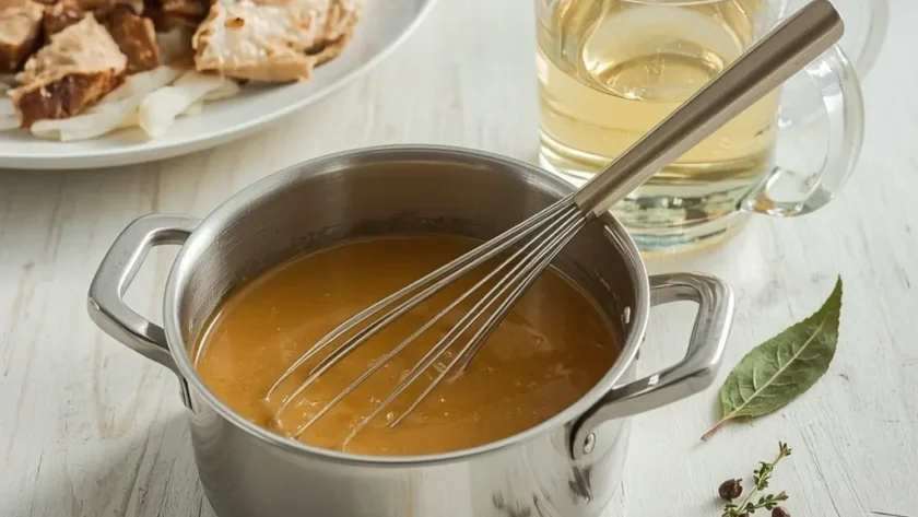Turkey Gravy from Stock in a saucepan with a whisk beside a pitcher of stock