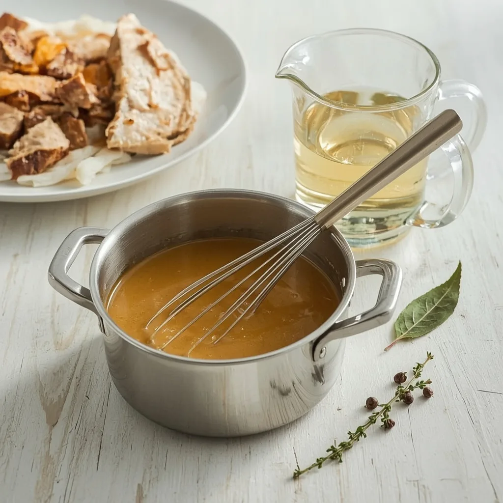 Turkey Gravy from Stock in a saucepan with a whisk beside a pitcher of stock